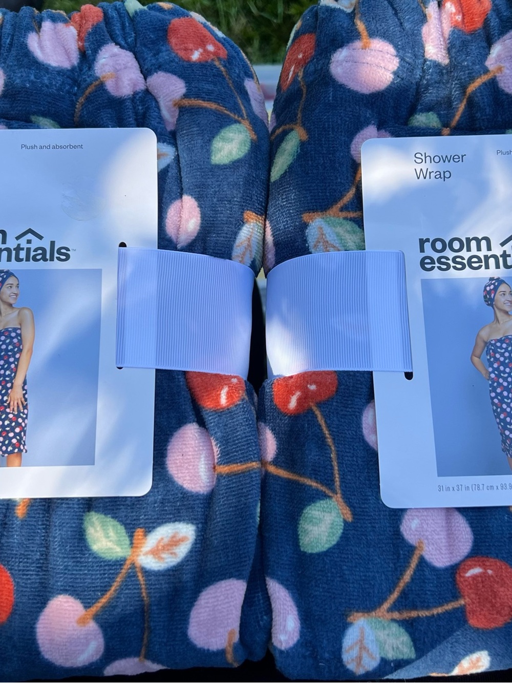 Room Essentials Navy Cherry Print Shower Wrap with Pink Accents-2 pack